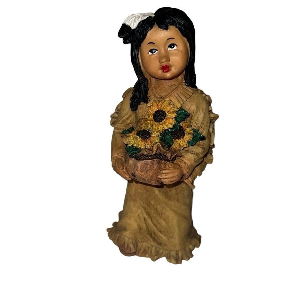Native American Indian Girl Holding Sack of Flowers Figurine Resin 6.25”